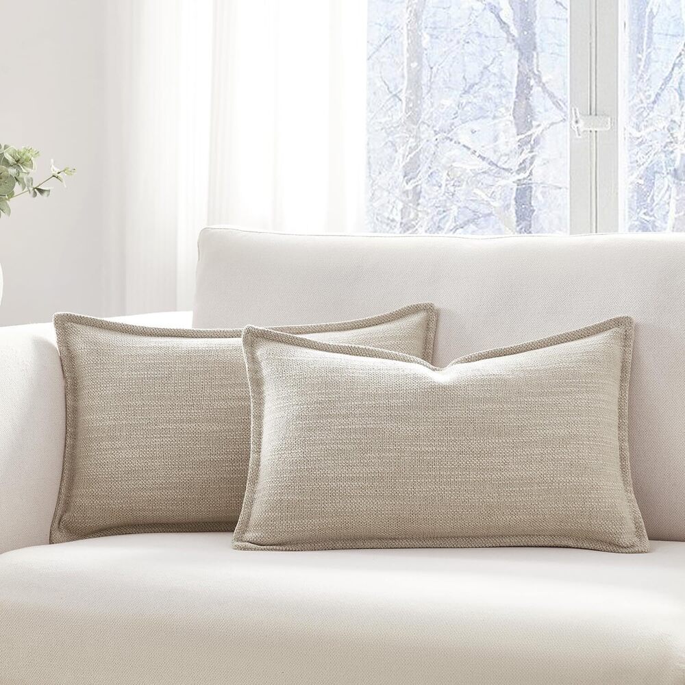 2792 Set of 2 Linen Beige Pillow Covers 12x20, Linen Look Throw Pillow